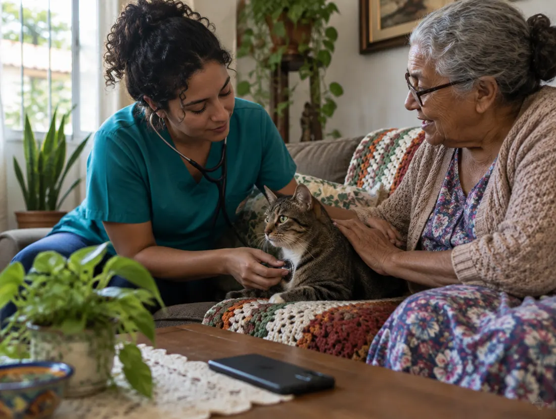 Veterinária examina uma gata no sofá ao lado da responsável, uma senhora idosa