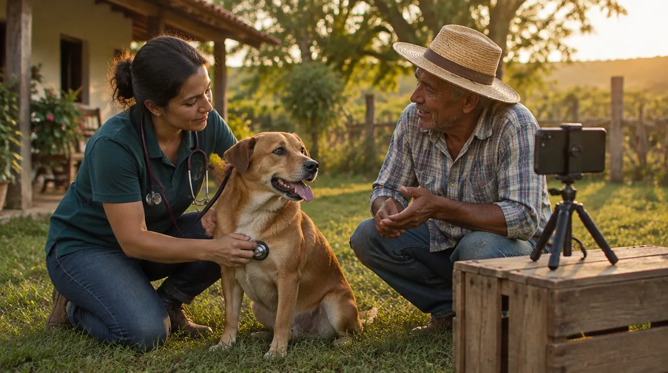 Veterinária examina um cachorro caramelo no quintal enquanto conversa com o responsável; um celular num tripé grava a consulta